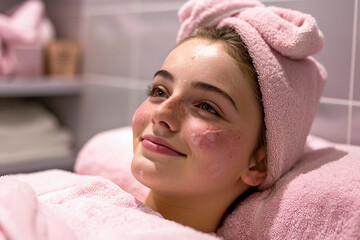 Fototapeta na wymiar portrait of a young woman in a beauty spa with an anti-aging cream on her face