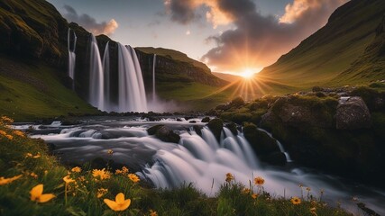 waterfall in the mountains Fantasy  sunrise on a waterfall of magic, with a landscape of enchanted trees and flowers,  
