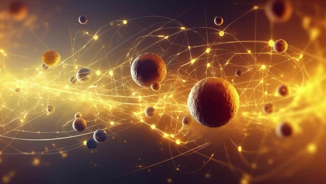 Slow motion of quantum mechanics physical particles, yellow background. The concept was created.