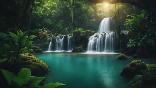 waterfall in the forest ethereal fantasy concept art of masterpiece,  macro photo of   waterfall in tropical forest