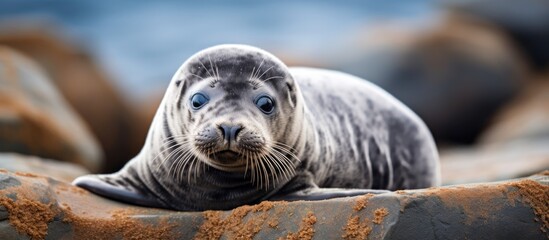 Fototapeta premium Seal pup happily lounging on rocky beach in close-up.