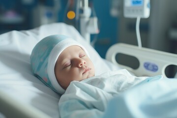 Beautiful newborn baby boy, laying in crib in prenatal hospital