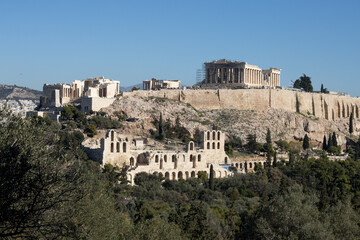 Fototapeta na wymiar View of the Acropolis and Parthenon from Philopappos Hill in Athens, Greece