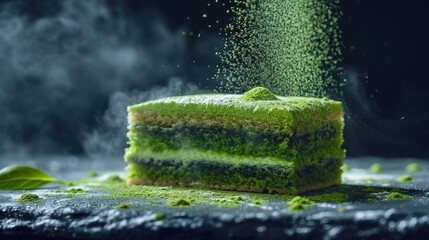 Food photography, matcha green tea opera cake, with a dusting of matcha powder in motion, on an elegant, black slate background - obrazy, fototapety, plakaty