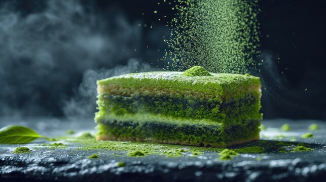 Food photography, matcha green tea opera cake, with a dusting of matcha powder in motion, on an elegant, black slate background