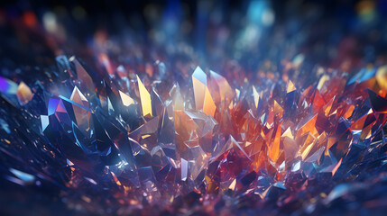 A constellation of 3D-rendered prismatic shards drifting in a virtual environment with a dynamic light play.