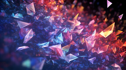 A constellation of 3D-rendered prismatic shards drifting in a virtual environment with a dynamic light play.