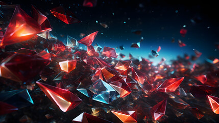 A constellation of 3D-rendered prismatic shards drifting in a virtual environment with a dynamic light play.