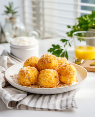 Traditional Brazilian cheese bread balls on the white plate for the breakfast