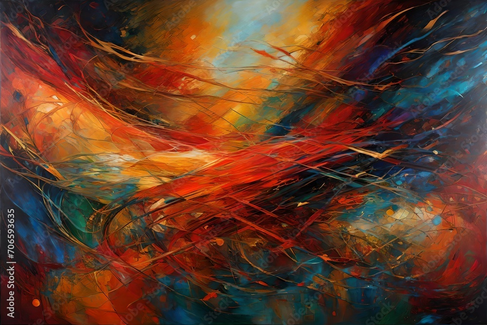 Poster a canvas of rich and deep colors intermingling and overlapping, producing a harmonious and balanced 