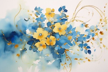 Stunning gold and blue watercolor floral design. Beautifully abstract. Generative AI