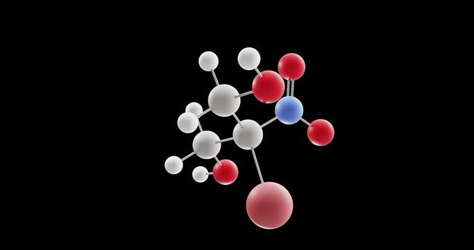Bronopol molecule, rotating 3D model of 2-bromo-2-nitropropane-1.3-diol, looped video on a black background