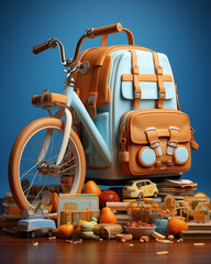 bicycle at a park on a bright summer day, infant sport concept Concept of returning to school on a blue background. A contemporary school bag, books, supplies, and an abacus with vibrant pencils 3D Re