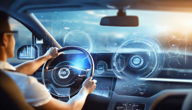 Autonomous futuristic vehicle dashboard concept with holographic displays, a broad banner infotainment system, and a head-up display