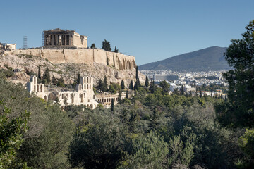 View of the Acropolis and Parthenon from Philopappos Hill in Athens, Greece