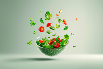 Vegetables in a glass bowl falling, with lettuce, and tomatoes, isolated on a white background