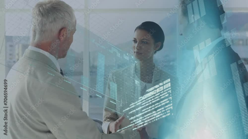 Aufkleber animation of data processing and diagrams over diverse business people shaking hands