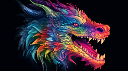  Rainbow dragon head on a black background