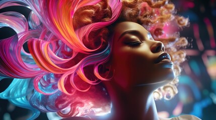 African American woman with colored neon hair. - obrazy, fototapety, plakaty