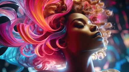 Rolgordijnen African American woman with colored neon hair. © inna717