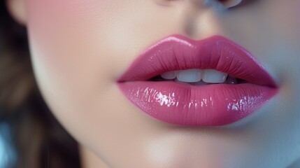 pink lips close up. Beautiful Perfect Makeup. macro. Beautiful pink Lip Gloss. advertising. Cosmetic. Mouth open, big lips.