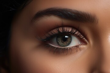 Female eye with very long eyelashes. Eyelash extensions. Makeup, cosmetics, beauty. Close up, Macro
