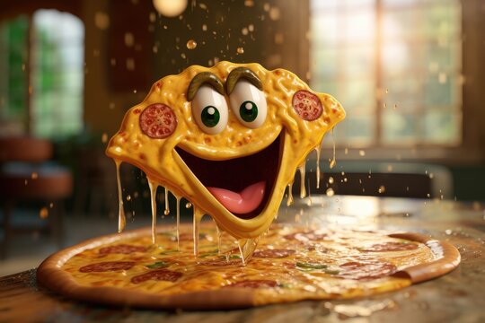 Funny Pizza Slice cartoon character.cheerful slice of pizza with eyes