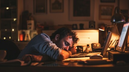 Exhausted male professional asleep at his cluttered desk late at night, work fatigue - obrazy, fototapety, plakaty