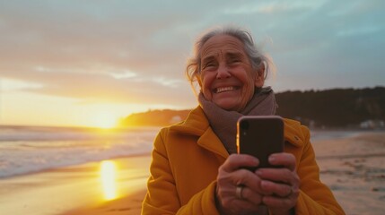 Joyful elderly woman using her smartphone to video chat with grandchildren on a beach during sunset - obrazy, fototapety, plakaty