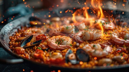 Food photography, paella, vibrant seafood and rice, captured with flames and sparks