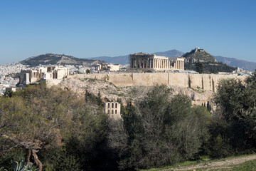 Fototapeta na wymiar View of the Acropolis, Parthenon and Lycabettus Hill from Philopappos Hill in Athens, Greece