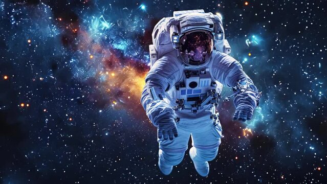 Slow motion of an astronaut levitating, background of cosmos of the Universe in weightlessness of constellation cluster.