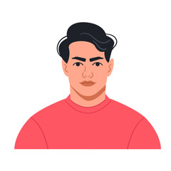 The avatar of a young man with dark hair. Portrait of a male character with a serious face. Bright vector illustration in a flat style