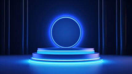 Abstract blue cylinder pedestal podium. Sci-fi blue abstract room with circle and balls glowing neon lamp lighting. Vector rendering 3d shape, Product display mockup. Stage showcase. Generative Ai - obrazy, fototapety, plakaty