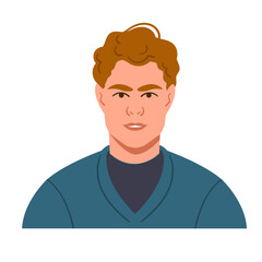 The avatar of a young man with red wavy hair. Portrait of a male character with a serious face. Bright vector illustration in a flat style