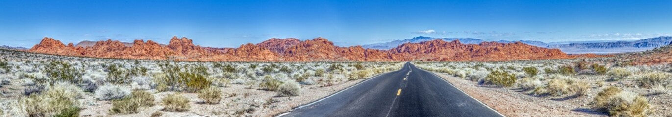Panoramic picture of a lonely road through mountainous desert