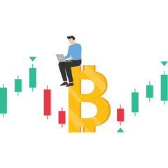 businessman investor using computer to trade crypto in big Bitcoin with candlestick price chart chart, Bitcoin and cryptocurrency investment, crypto trading make profit and income from Bitcoin price.
