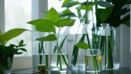 Many green plants in test tubes