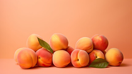 Bright, ripe peaches on a pastel coral background, creating a soft, summery ambiance Ai Generative