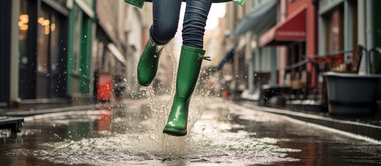 Woman wearing green rubber boots jumps in street puddle. - obrazy, fototapety, plakaty