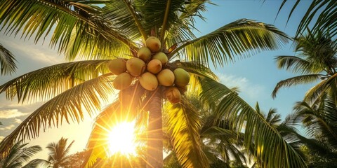 Fototapeta premium As the Sun Sets, Coconuts Thrive in a Tropical Plantation: Organic Farming Yields Fresh, Ripe Coconuts, a Paradise for Resorts and Nuts, Generative AI