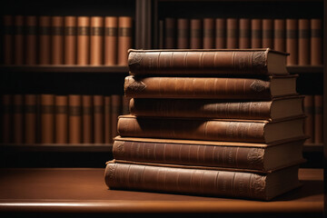 Stack of antique leather books in library. literature or reading concept