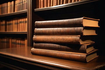 Stack of antique leather books in library. literature or reading concept