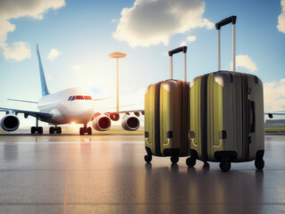 Suitcase with airplane background, Stylish suitcases on yellow background,private plane