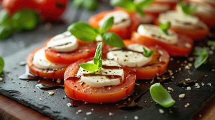 Commercial photography, caprese salad, mozzarella and tomatoes with balsamic glaze on an elegant...