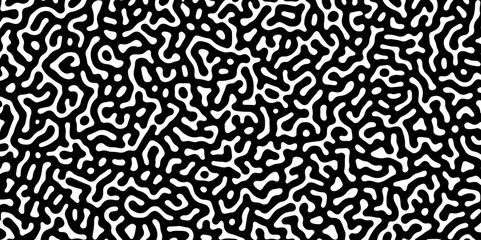 Abstract Turing organic wallpaper with background. Turing reaction diffusion monochrome seamless pattern with chaotic motion. Natural seamless line pattern. Linear design with biological shapes.