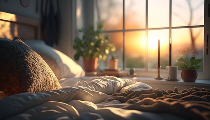 award-winning full-length photo of very beautiful taken natural sunset light in bedroom focus on bed, window in the bedroom, award-winning photography, ultra realistic photography, ultra sharp, hyper - obrazy, fototapety, plakaty