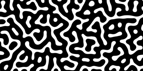 Abstract Turing organic wallpaper with background. Turing reaction diffusion monochrome seamless pattern with chaotic motion. Natural seamless line pattern. Linear design with biological shapes.