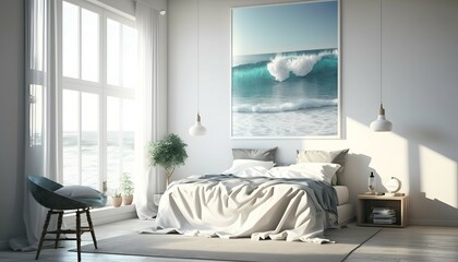 full-length photo of very beautiful taken natural morning light living room by the sea focus on bed, window in the living room, ultra realistic, ultra sharp, hyper detailed, background 8k resolution