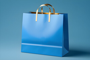 Blue paper shopping bag with gold ribbon handle mockup. Realistic bag template mockup for retail purchase. Playground AI platform.